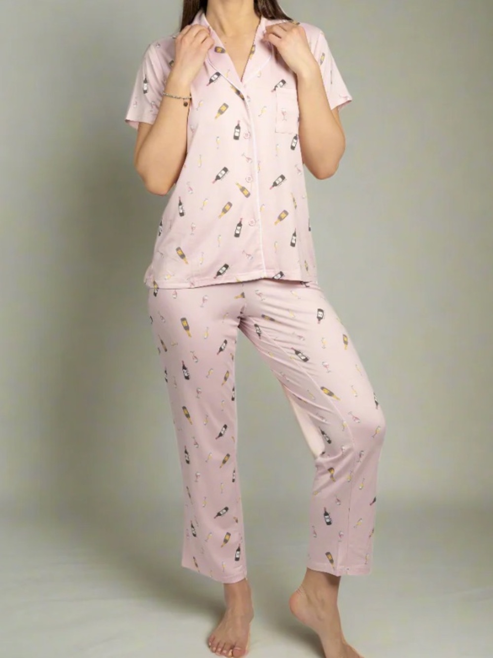Rae Dunn Wine Time 2-Piece Short Sleeve Notch Collar Top & Pants Pajama Set S